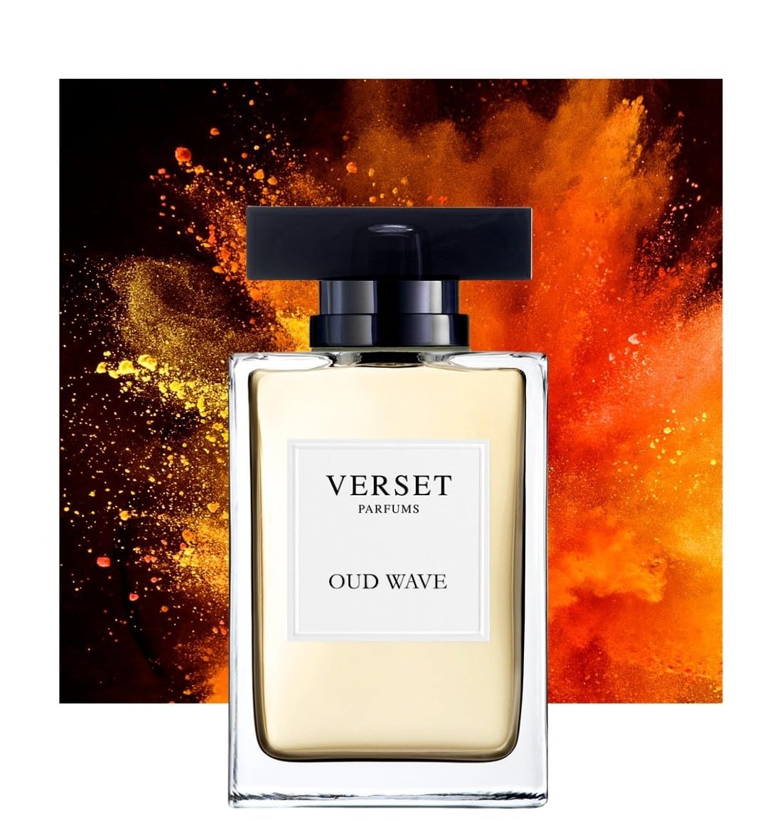 Verset Parfums Oud Wave perfume bottle with a fiery background